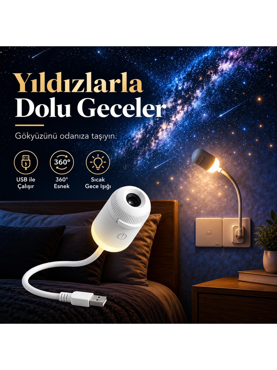 USB Galaksi Projektör 2’si 1 Arada – LED Gece Lambası – 360° Ayarlanabilir 12 Değiştirilebilir Filmli LED Projektör